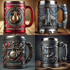 3D USA Military Mug 250th Anniversary Marine Corps Semper Fidelis Patriotic Drinkware for Heroes Army Navy AAir Force & Marine Corps Stainless Steel Drinkware for Patriots American Soldier Coffee Cups US Military Beer Steins