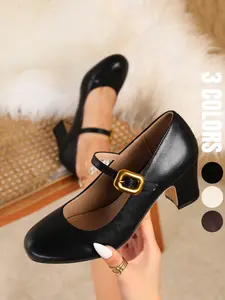 Women's Round Toe Gold Buckle Mary Jane Heels, Comfortable Elegant Chunky High Heel Shoes, Party, Wedding, Business, Formal Occasions