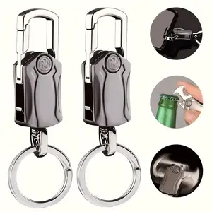 A set of two multi-functional keychains, featuring a car key holder, fidget spinner, bottle opener, mini knife, phone stand, stress-relief toy, and everyday household item.  An ideal gift for men, perfect for Christmas and New Year.