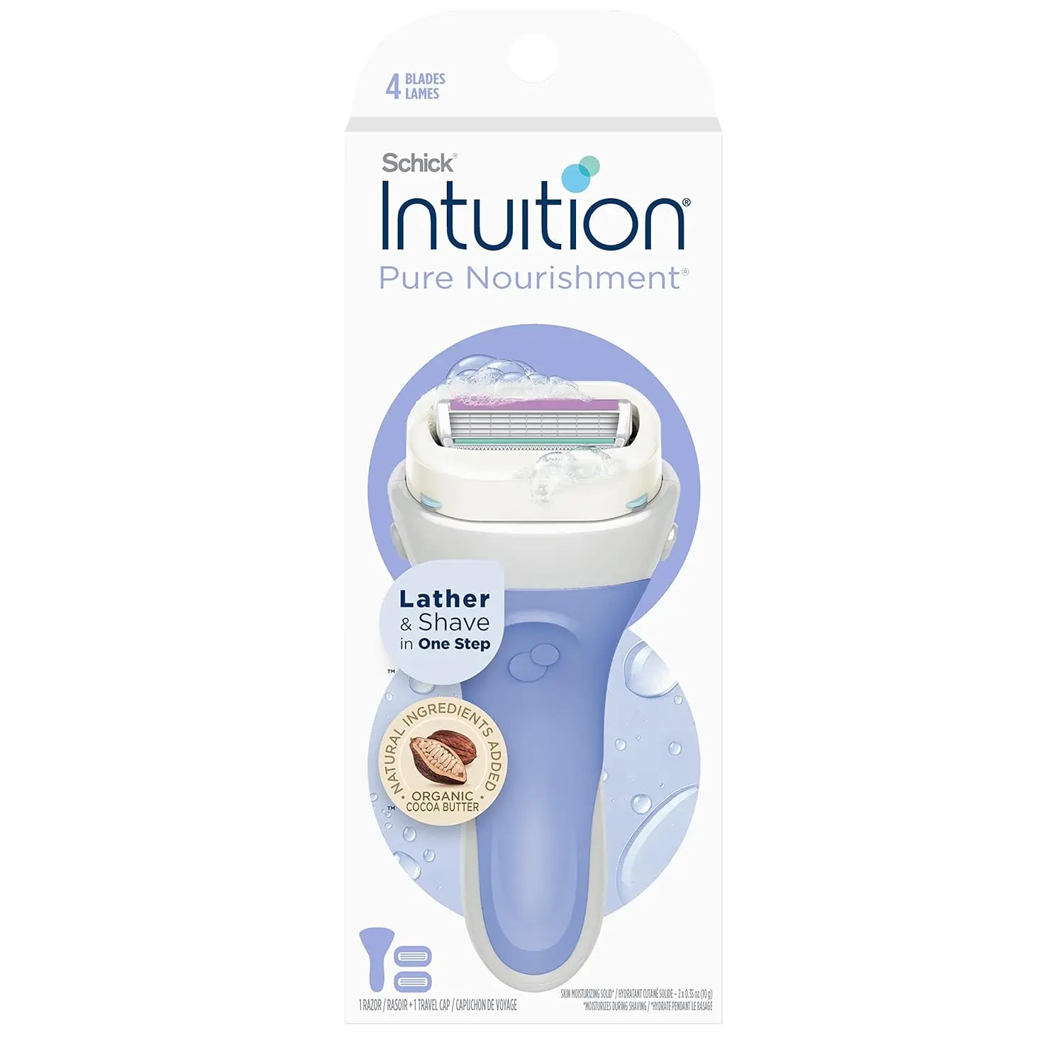 Schick Intuition Pure Nourishment Razors for Women | 1 Razor & 2 Intuition Razor Blades Refill with Organic Cocoa Butter