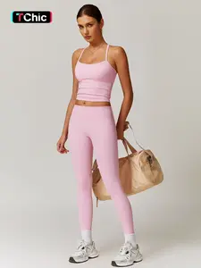 Women's Solid Backless Cami Top & High Waist Leggings Athletic Set, Sporty Comfy Breathable Workout Running Outfits for Yoga Gym, Valentine's Day Gift for Her, Ladies Summer Sportswear, Athleisure Wear Set