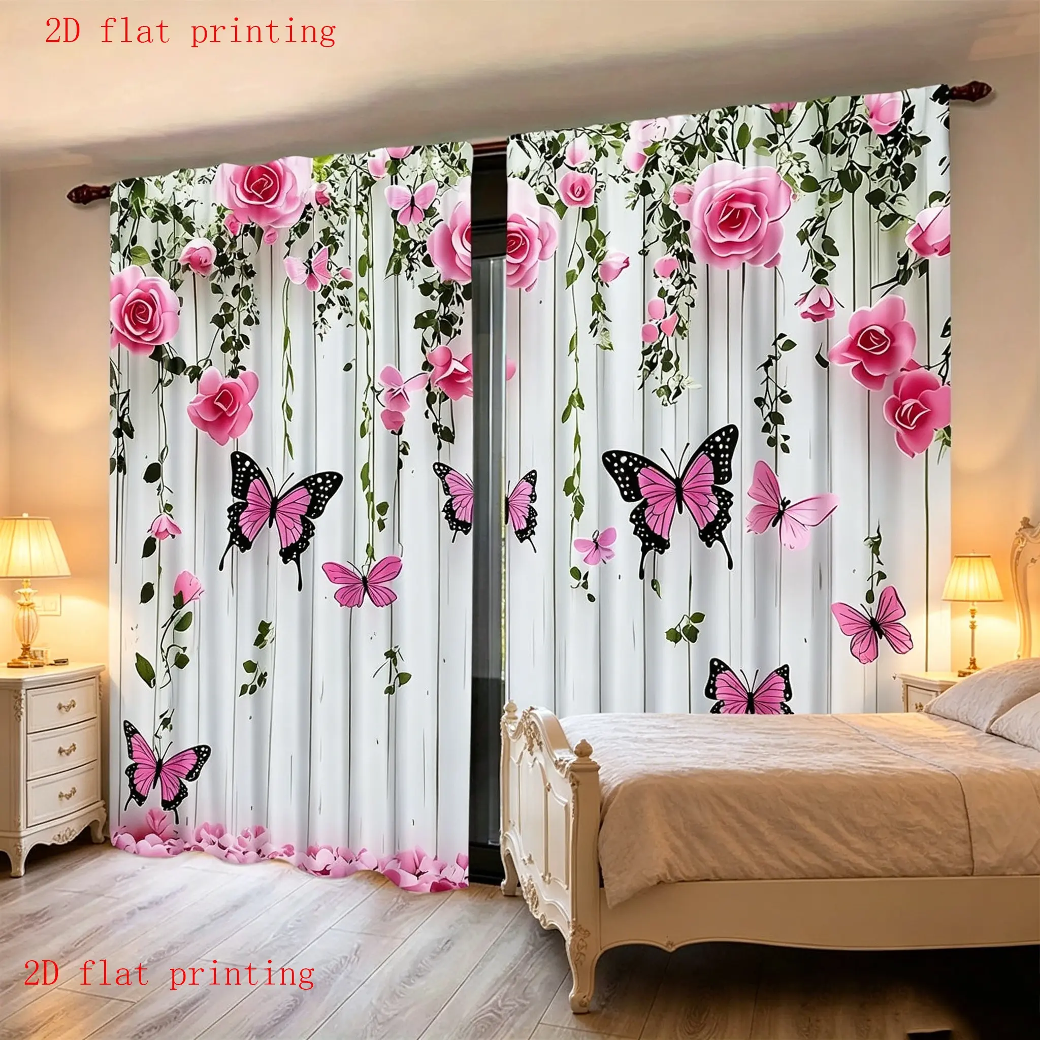 2-piece set of Nordic style wooden texture background rose butterfly curtains, durable semi transparent polyester material curtains, suitable for bedrooms/living rooms, ideal for home decoration, Home Decorative Curtain