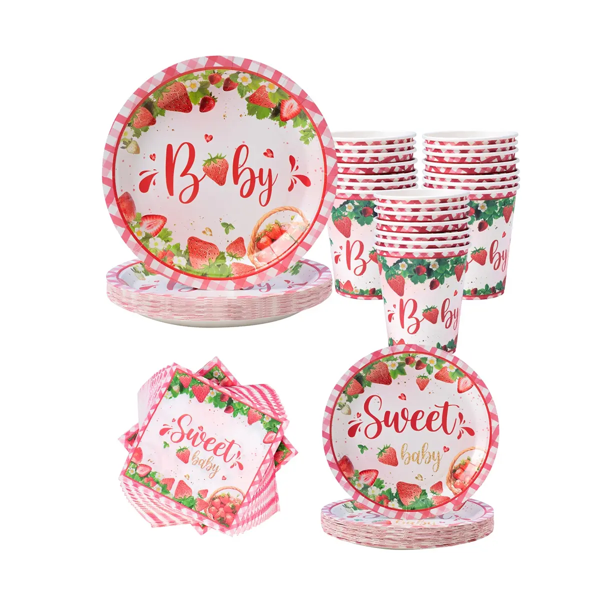 Strawberry Baby Design Disposable Party Supplies Set, Disposable Dinnerware, Disposable Tableware, Paper Plates Napkins Cups for 25 Guests, Perfect for Parties Family Picnics