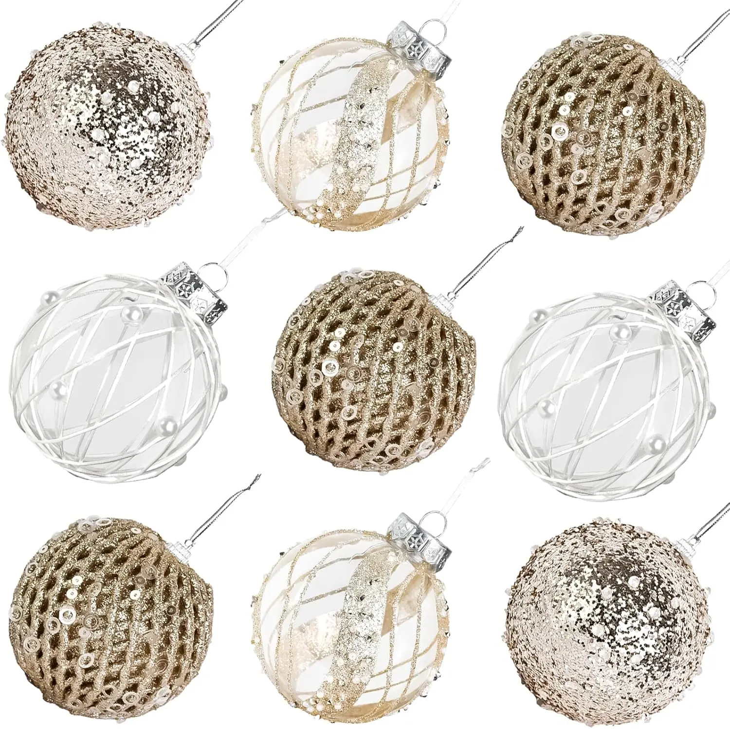 9 Pack Glitter Christmas Ornaments - Champagne Gold Sequin Shatterproof Balls, Premium Hanging Decor for Xmas Tree & Holiday Party, Unbreakable Elegant Set (3.15 Inch)