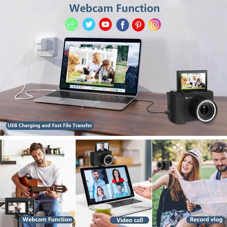 Spring New Upgrade 2.0 4K Digital Camera for Photography,  Foldable Screen Portable Vlogging Camera with 32GB SD Card, Wrist Strap, Self Timer, Anti-Shake,  Digital Zoom, Great Gift for Girls, Boys Teenagers, and Beginners
