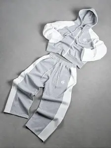 Gray & White Two-Piece Streetwear Tracksuit Set - TikTokShopBlackFriday Deals FallFashion, Cropped Hoodie & Pants Matching Outfit, Stylish Contrast Panel Design, Comfortable Casual Daily Wear, Trendy Aesthetic Co-ord, ChristmasGiftIdea