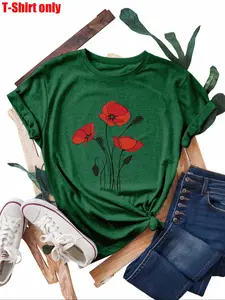 【Plus Size】  Flowers Print Round Neck Tee, Casual Short Sleeve T-shirt for Summer, Women's Clothing for Daily Wear