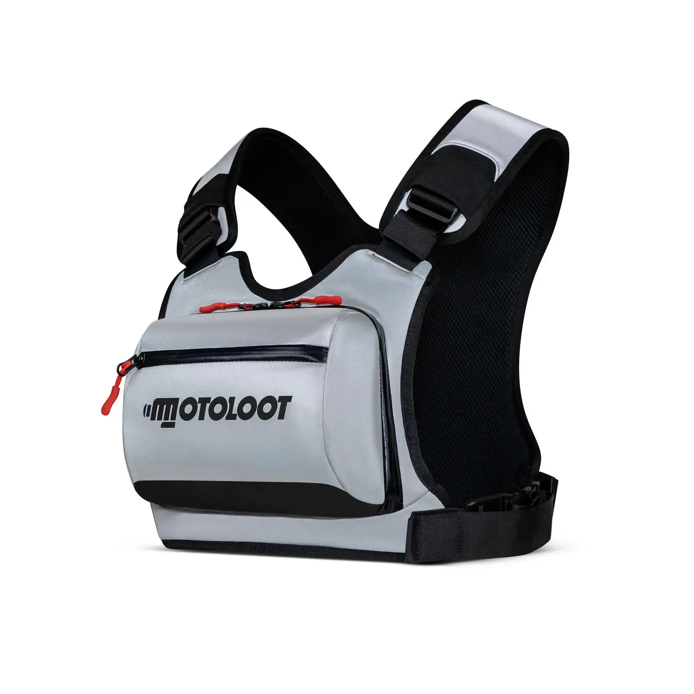 Moto Loot Insanely Reflective Motorcycle Chest Rig - Glowrider, Extremely Comfortable, Water Resistant, Adjustable Height, Easy to Use with Gloves, Breathable Air Mesh, AquaGuard YKK Zips