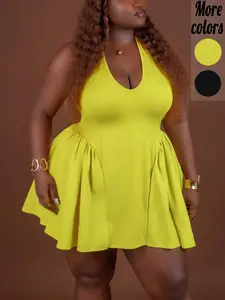 Plus-Size Halter Neck Flare, Flared Mini Dress, Y2K Babydoll Style, Stretchy U-Neck Bodice & High-Waist A-Line Skirt, For Curvy Women, Perfect for Date Night, Clubbing & Casual Summer Wear, Women's Plus-Size Flare Dresses 2026 | TikTok Viral Find