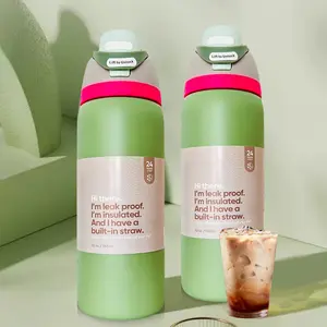 Avocado Water bottle 32oz, 945ML, with straw , FreeSip,heat preservation time more than 24 hours, cold and hot water can be insulated, can make coffee, frozen drinks,  exquisite workmanship, suitable for camping, work, indoor and. Leakproof Tumbler
