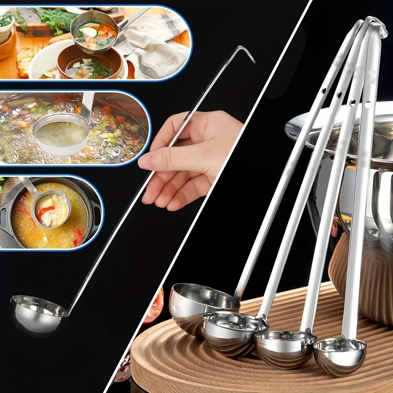 4pcs Stainless Steel Long Handled Sauce Spoon Ladle Hot Pot Portion Control Service Spoon Hook Measuring Spoon for Cooking Stirring Stewing Home Kitchen Restaurant Buffet Chef Gift
