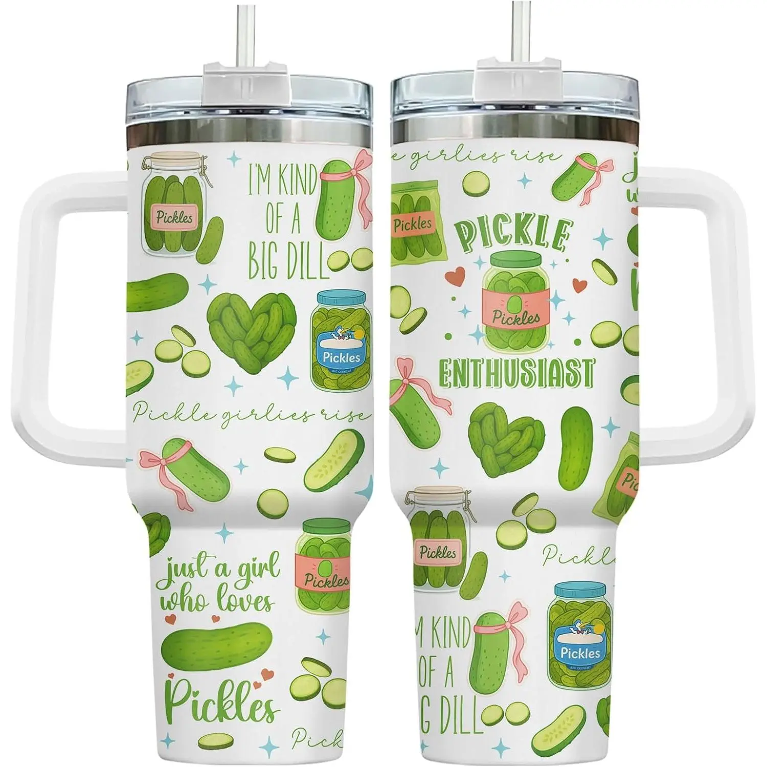 Funny Pickle 40oz Tumbler with Straw, Stainless Steel Vacuum Insulated Travel Mug for Iced Coffee, Just a Girl Who Loves Pickles Gift for Her, Leakproof Breakfast Cup for Home Office or Commute, Dishwasher Safe Kitchen Drinkware