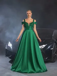 Ladies' Emerald Green Off-Shoulder Satin Evening Gown with Sequined Bodice for Proms Weddings and Formal Galas Flowing Skirt and Fitted Structure Womenswear Thick Elegance Fabric