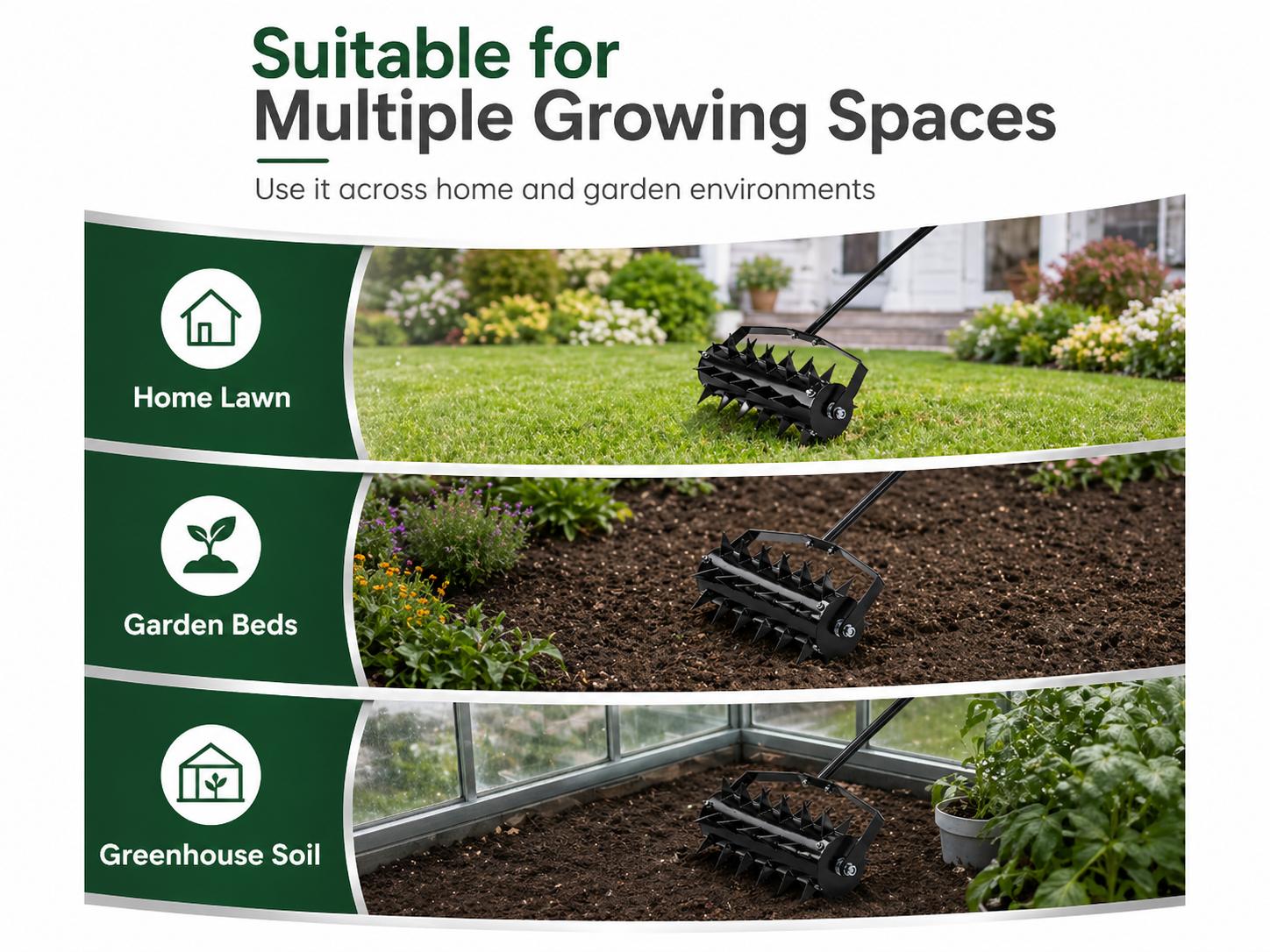 Rolling Lawn Aerator with 2 Inch Steel Spikes Heavy Duty Manual Aerator Tool Lawn Spike Aerator Roller with 56 Inch Handle Soil Penetrator Push Lawn Aeration for Garden Yard Patio, Black