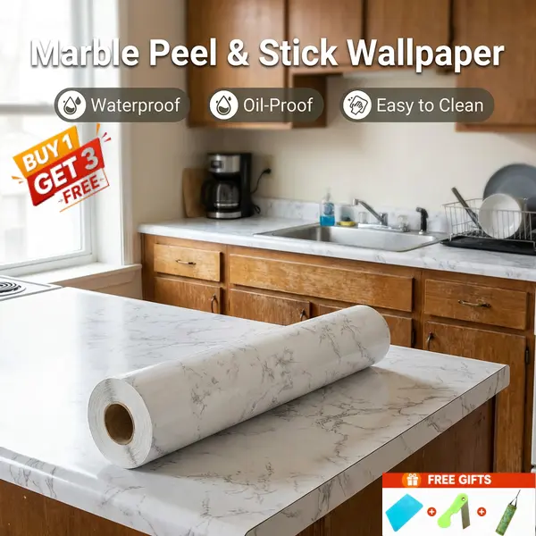 23.62in*393.7in/23.6in*196.8in Marble Peel-and-Stick Countertop Contact Paper, Self-Adhesive Waterproof Oil-Proof PET Stickers for Kitchen Cabinets, Heat-Resistant Thick Peel-and-Stick Furniture Stickers for Door Renovation, Stick-On Furniture Stickers