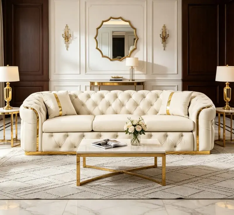 Luxury 3-Seater Chesterfield Sofa Couch, 90.6in Italian 280g Velvet Button-Tufted with 2 Pillows, Gold Stainless Steel Accents for Living Room Indoor Furniture Modern Sofa