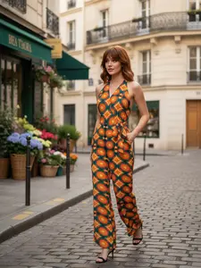 RETRO STAGE Women's Bohemian 1970s Vintage-Inspired Ankle-Length Polyester Halter Overalls - Sleeveless, Geometric Print, Zipper Closure, Retro Car & Sunglasses Accents, Boho Clothes