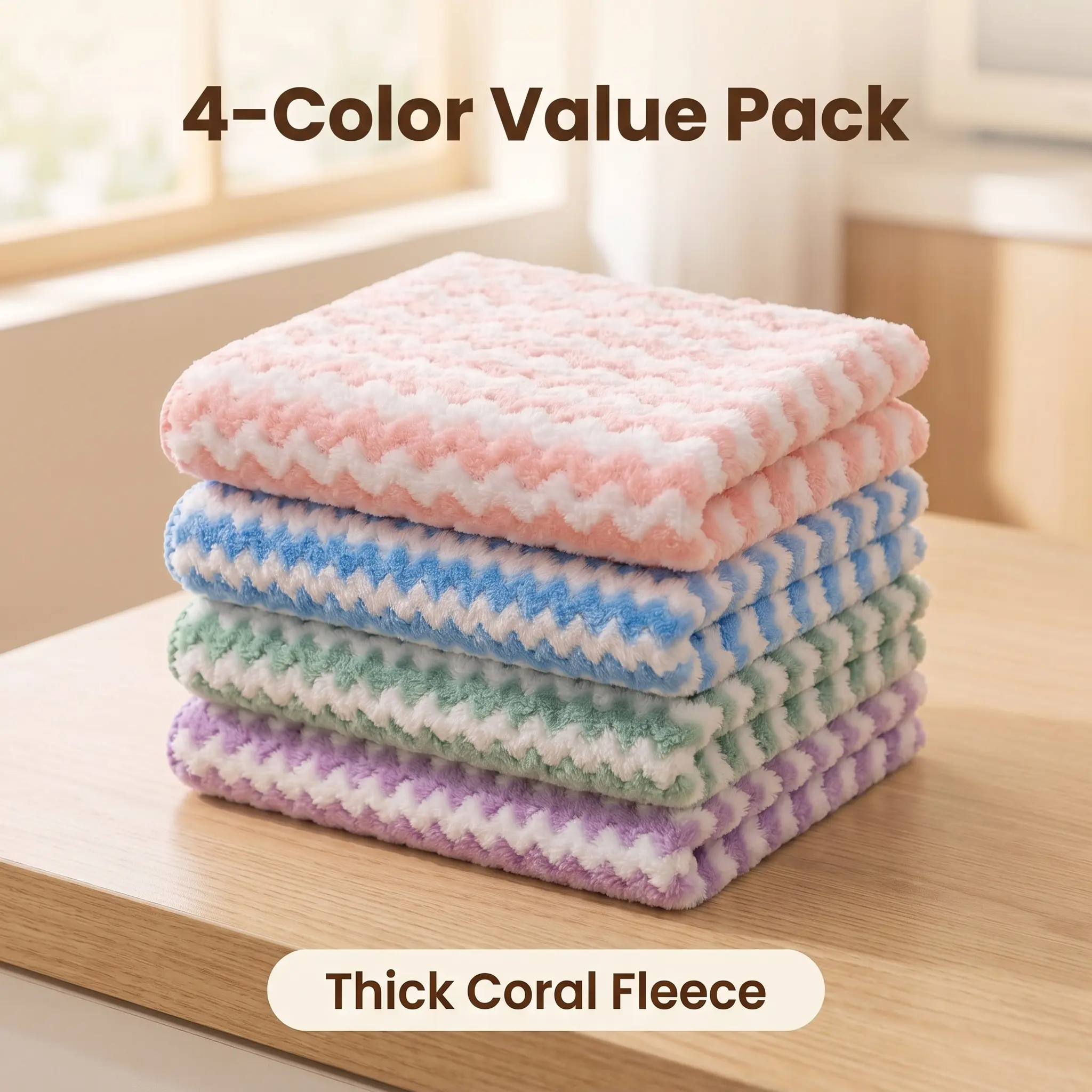 4-Pack Coral Fleece Wavy Microfiber Cleaning Cloths Set, Highly Absorbent, Reusable, Machine Washable, Ultra-Fine for Glass, Kitchen, Desk Cleaning