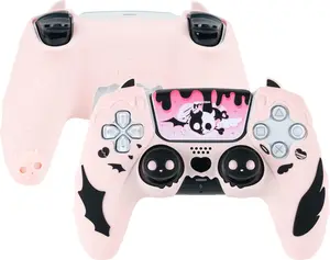 GeekShare PS5 Controller Skin Set,Anti-Slip Silicone Protective Cover Skin for PlayStation 5 Wireless Controller, with 2 Thumb Grip Caps and 2 Stickers - Sweetheart Skull Black / Pink