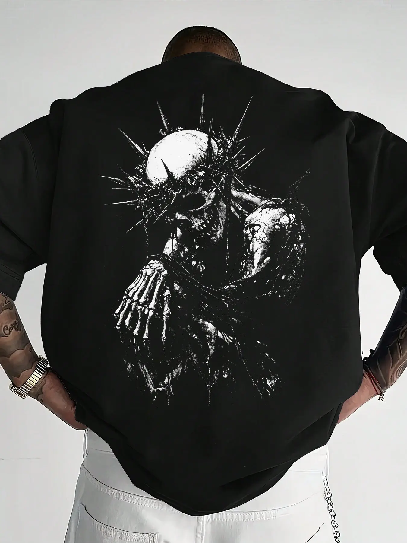 Men's Thorn Skull Graphic Print T-Shirt, Casual Loose-Fit Short Sleeve, Comfortable Fashion for Outdoor, Travel, Party, Streetwear, Menswear, Baggy