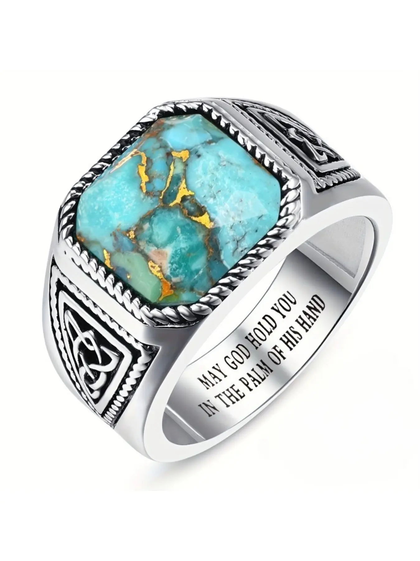 Vintage temperament inlaid imitation turquoise men's ring square cut Celtic pattern men's and women's ring jewelry gift Hand Engraving