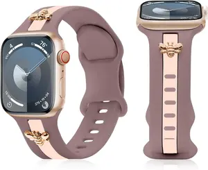 Silicone Smartwatch Strap 38mm 40mm 41mm 42mm, Cute Rose Gold Honey Bee Charm Bracelet, Designer Sport Wristband for Women (Compatible with Series 11–2 & SE)