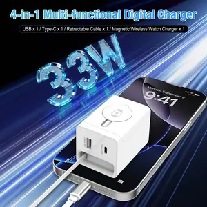4 in 1 Wall Charger Adapter Foldable Plug, 33W Retractable Chargers, Wireless Magnetic Watch Charger With USB C + USB A Port for iPhone 17 16 15 iPad Samsung