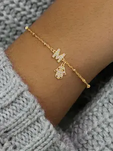 Women's Stainless Steel Pendant Bracelet, Elegant Zirconia Initial Hamsa Hand Design, Fashionable Beaded Chain Jewelry for All Seasons