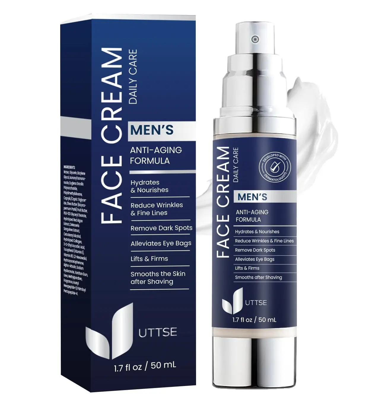 Uttse 6-in-1 Men's Hydrating Skin Care Facial Cream - Collagen Boost, Postshave Calm, Reduces Eye Bags, Dark Circles, Puffiness, All Skin Types