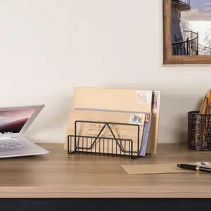 Modern Black Metal Wire Mail Sorter, Geometric Design