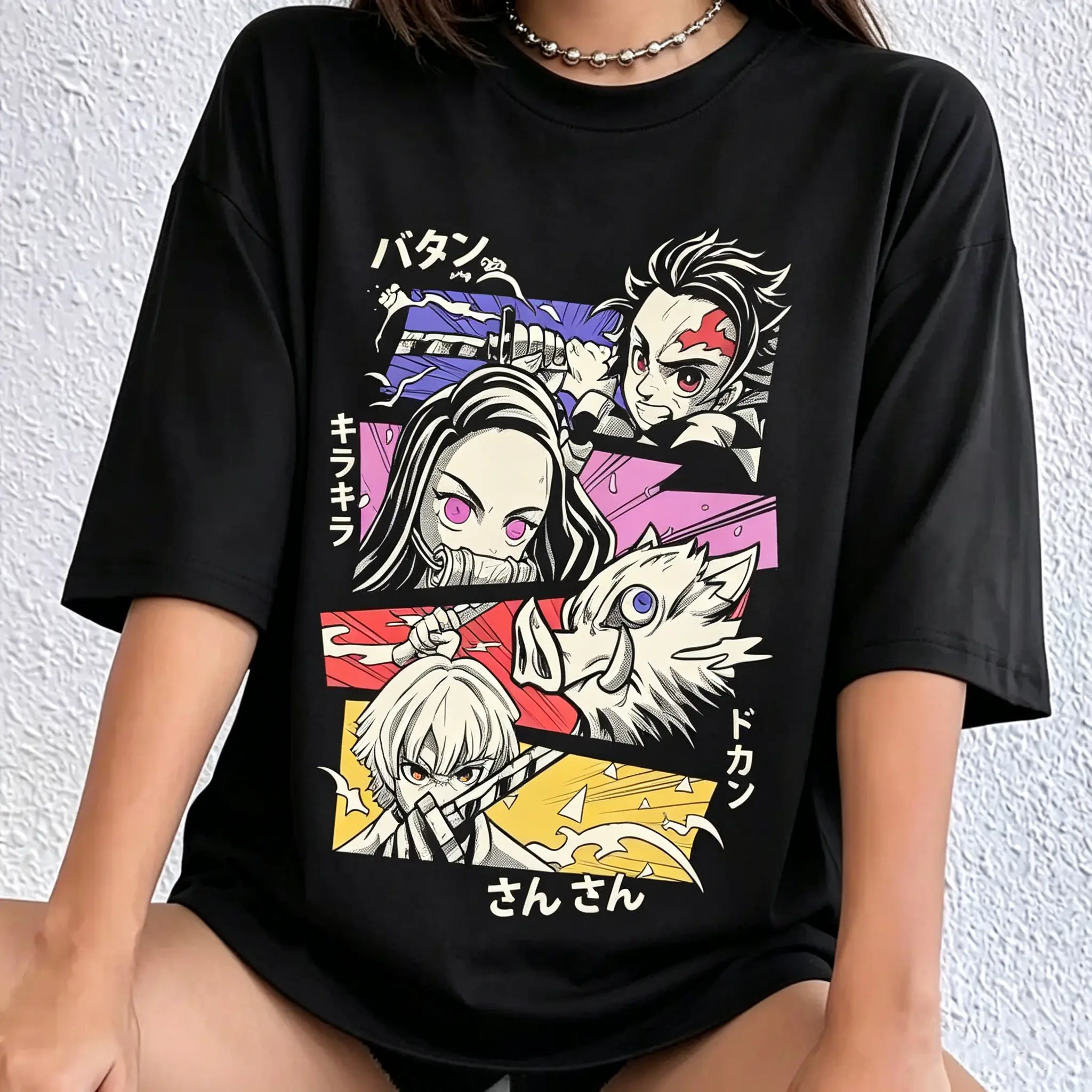 Demon Slayer Tanjiro Nezuko Inosuke Zenitsu Colorful Manga Panel 100% Cotton Oversized Unisex T Shirt Retro Anime Graphic Tee Perfect for Anime Conventions and Birthday Gifts, Tshirt, Baggy, Streetwear, Top, Women, Comfortable, Casual, Fit