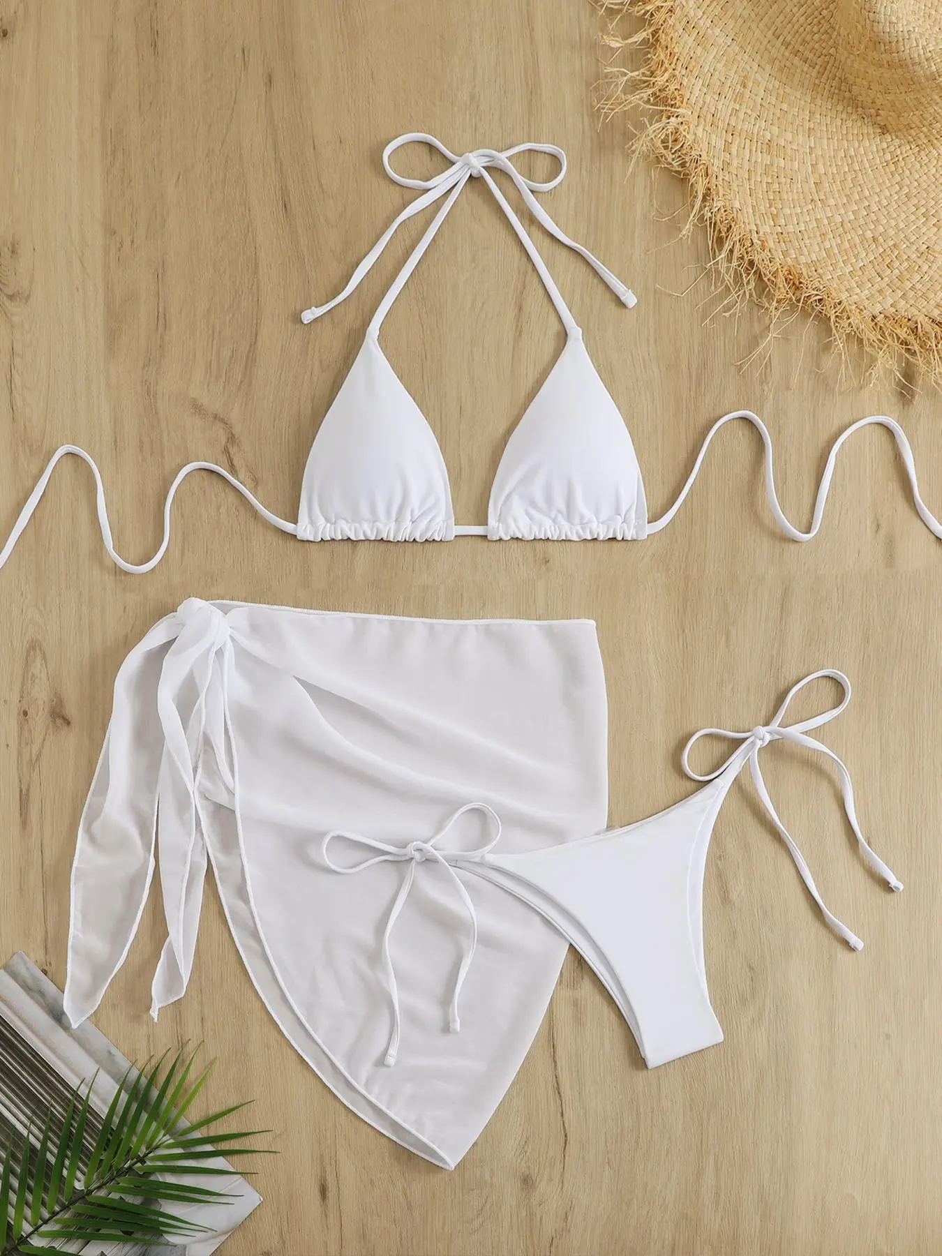 Three-Piece Plain Bikini Set, Solid Color Backless Swimsuit, Women's Summer Swimwear, Halter Swim Bra & Tie Side Swim Panty & Asymmetric Hem Cover-Up Skirt, Elegant Beachwear