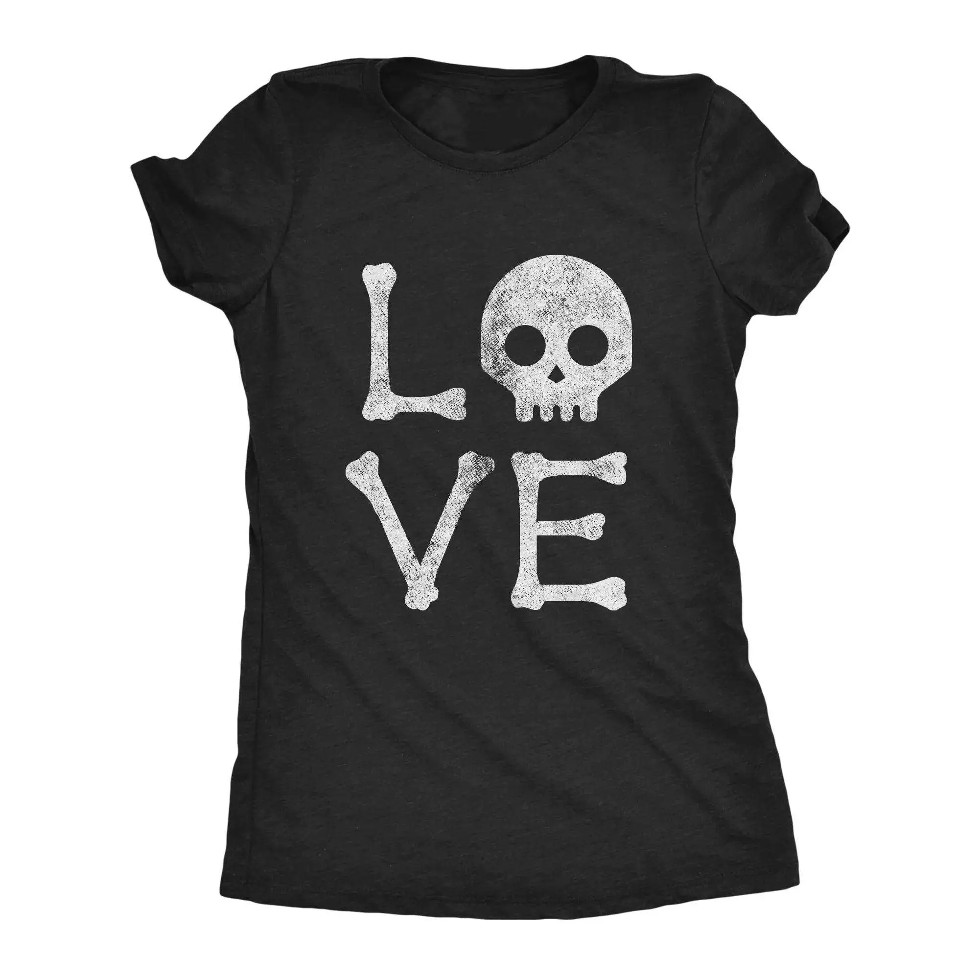 Women's LOVE Bone Skull Distressed T-Shirt Gothic Skeleton Love Graphic Short Sleeve Fitted Tee Halloween Punk Dark Aesthetic Casual Top