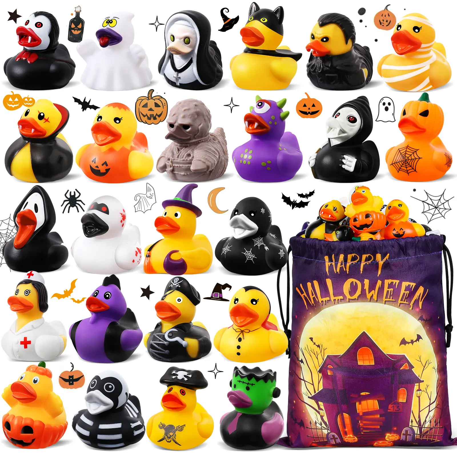 24 Pack Halloween Rubber Ducks, Trick or Treat Goodie Bag Stuffers – Spooky Duckies for Trunk or Treat, Bulk Rubber Ducks with Drawstring Bag, Bath Toys for Kids, Halloween Party Favors, Classroom Rewards & Carnival Prizes