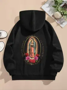 Women's Letter & Virgin Mary & Floral Print Drop Shoulder Hoodie, Fashion Casual Thermal Lined Drawstring Pocket Hooded Sweatshirt for Daily Holiday Outdoor Wear, Women Clothing for Fall & Winter