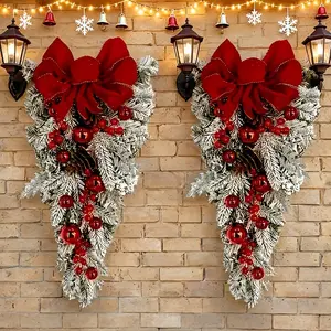 2 PCS Christmas Swag Decorations, 60cm/23.62" Christmas Red Bow Wreath, Artificial Bells Hanging Decor, Swag Decorations for Front Door Stair Mantle Wall Indoor Home Decor Ornaments