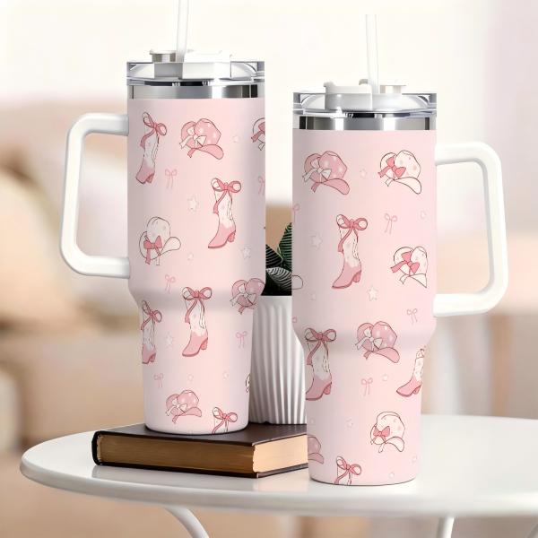 40oz Pink Cowgirl Tumbler with Handle & Straw, Stainless Steel Insulated Travel Mug, Reusable Hot Cold Coffee Cup, Western Cowboy Hat Boot Design, Cute Gift for Women, Mother's Day, Birthday, Home Office Use