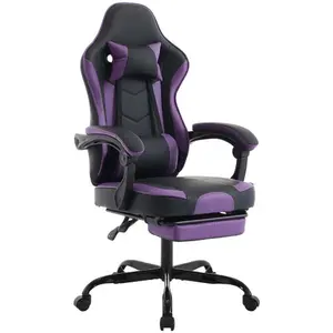 Gaming Chair, Ergonomic Computer Chair with Footrest and Massage Lumbar Support,PU Leather Home Office Chairs,Height Adjustable Swivel Video Game Chairs for Adults, 300lb Max (Black+Purple)
