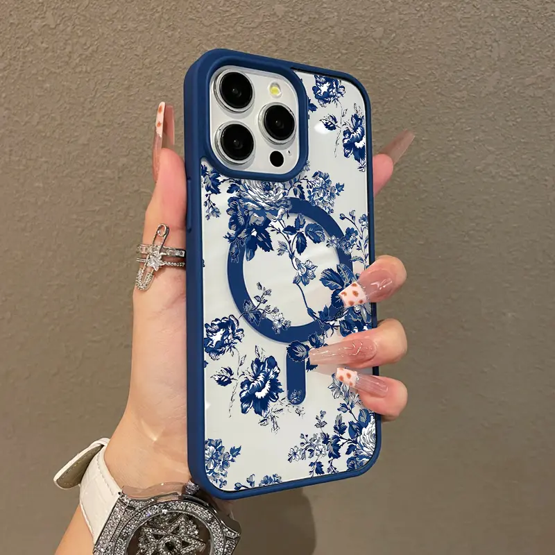 Adorable Magnetic Case for iPhone11/12/13/14/15/16/17/promax Navy Floral Chinoiserie Pattern MagSafe Compatible, Lightweight, Anti-Fall | Girly & Chic Style