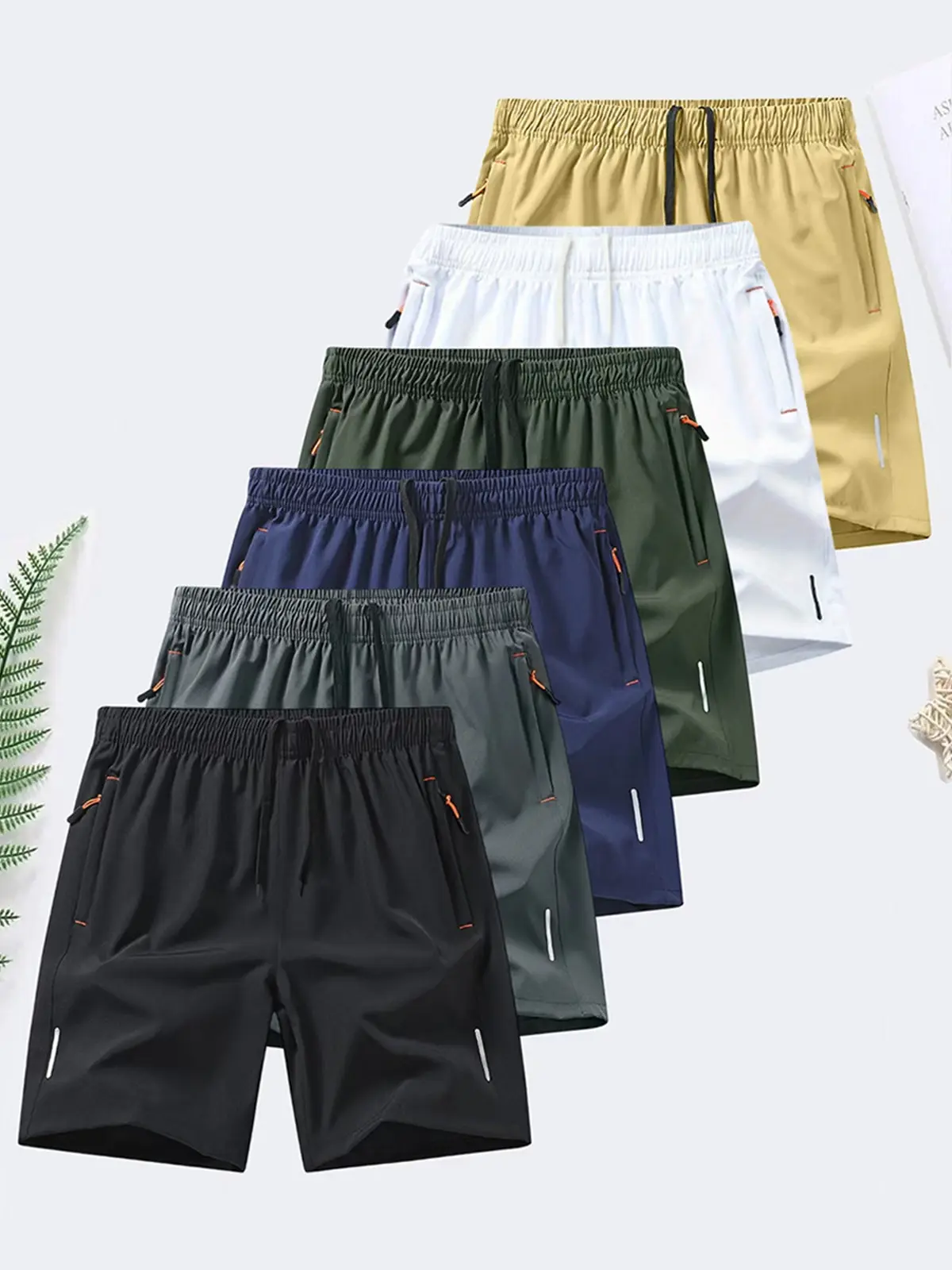 6 piece set, men's zipper pocket shorts, summer ice silk beach shorts, ice sense quick dry sports casual pants, basketball shorts thin, plus size men's clothing reflective strip design, Menswear，Plain Trouser，suitable for running and fitness. Beige,summe