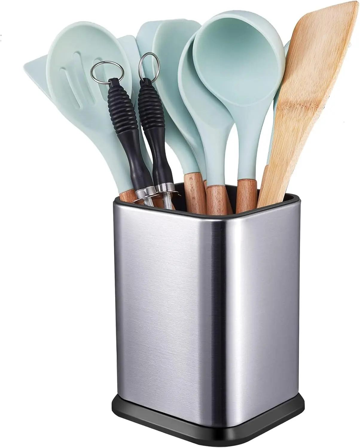 Stainless Steel Kitchen Utensil Holder for Countertop, Spoon Spatula Organizer,Modern Rectangular Large Cooking Utensil Caddy Counter,Utensil Crock Silver