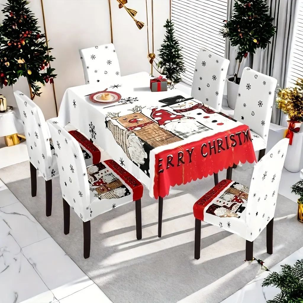 White Snowflake Christmas Tablecloth & Chair Covers Set, Santa Reindeer Snowman Xmas Stretch Slipcovers 5PC/7PC