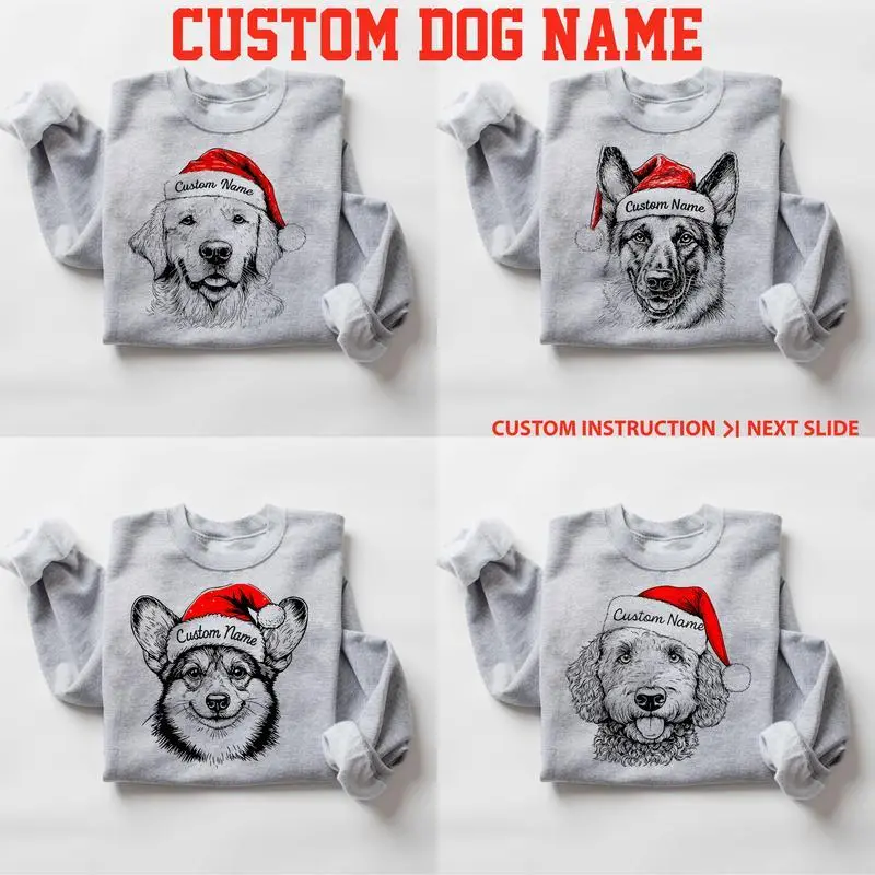 Custom Any Name, Santa Paws Christmas Dog Sweatshirt – Sport Grey Color, 50 Dog Breeds in Festive Santa, Unisex Holiday Pullover - AMBER