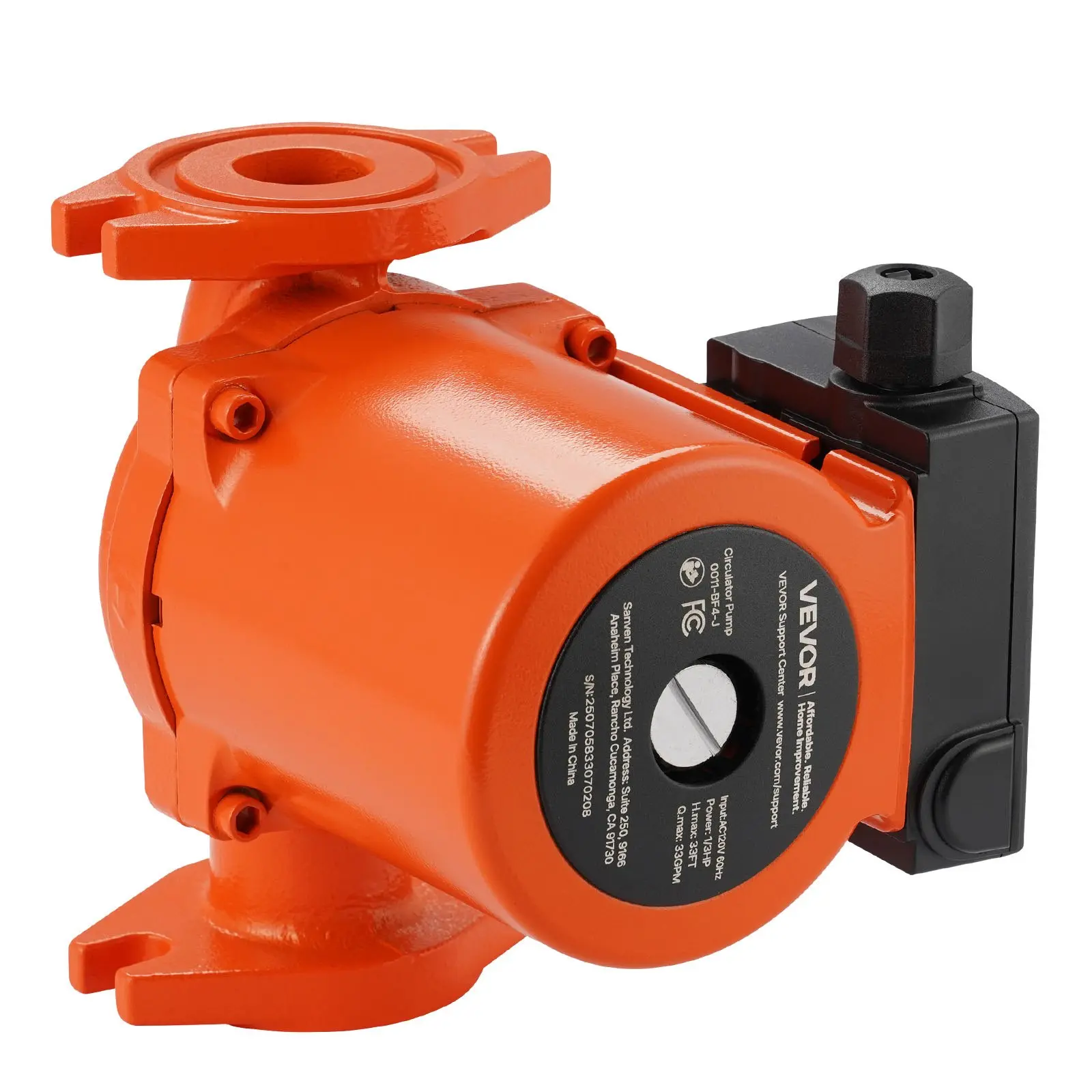VEVOR 0011-BF4-J Cast Iron Circulator Pump, 33 GPM, AC 120V 33 ft Hot Water Recirculating Circulation Pump, 1-1/4 in Flange Connection, 3-Speed Adjustment, Quiet Operation, for Home Heating System