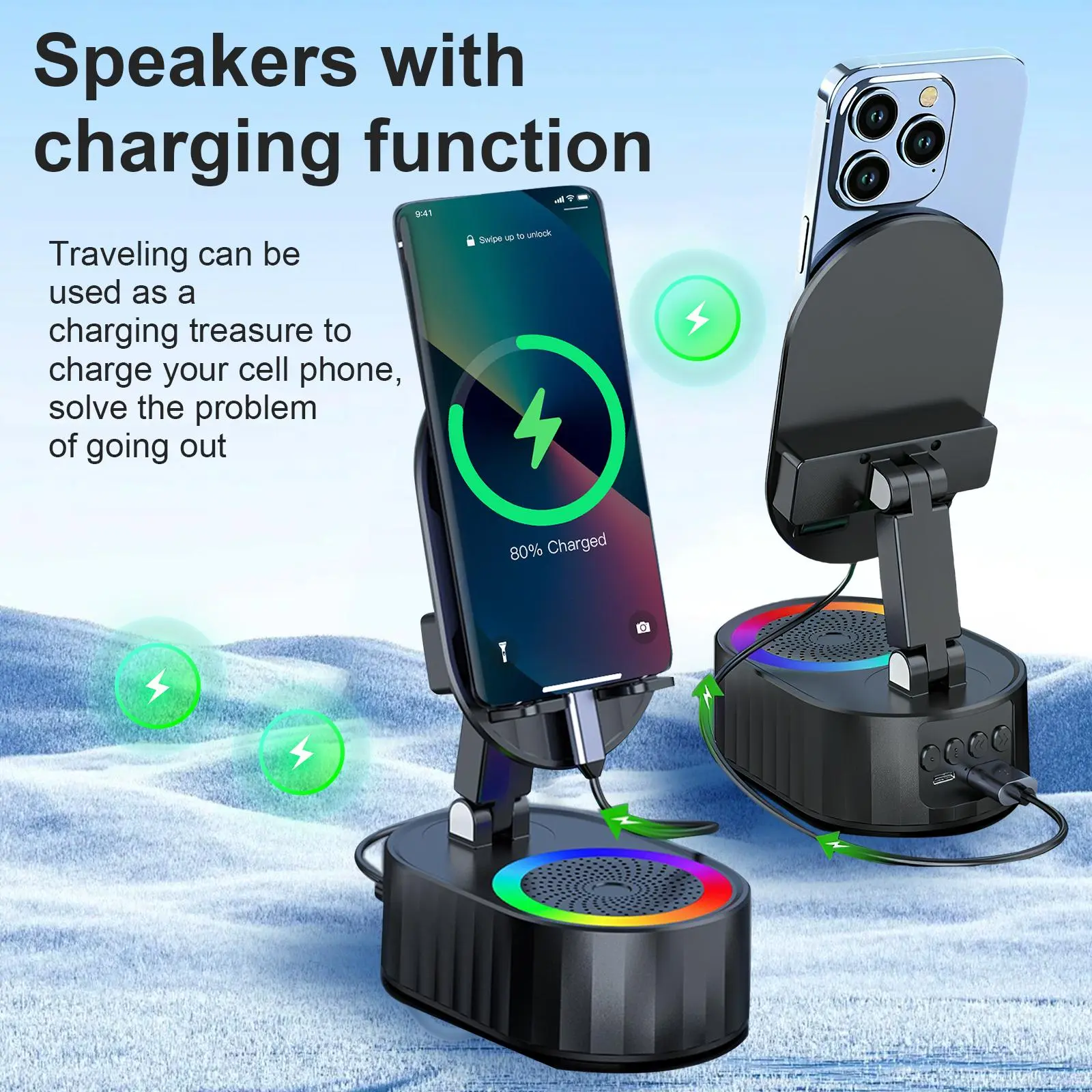 AKLLCCR 5-in-1 Power Bank with Wireless Induction Audio Bluetooth Speaker & Cellphone Stand Usb Cable Emergency charging (5000mAh) 5.3 HD Surround Subwoofer Sound  Fits Smartphones,Tablets Springtok