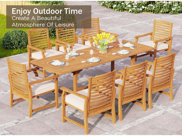 PHI VILLA Acacia Wood Patio Dining Set for 8, Expandable Teak Dining Table & Wooden Chairs with Cushions, Farmhouse Dining Furniture Set for Outdoor Deck, Yard, Porch Home Design Minimal