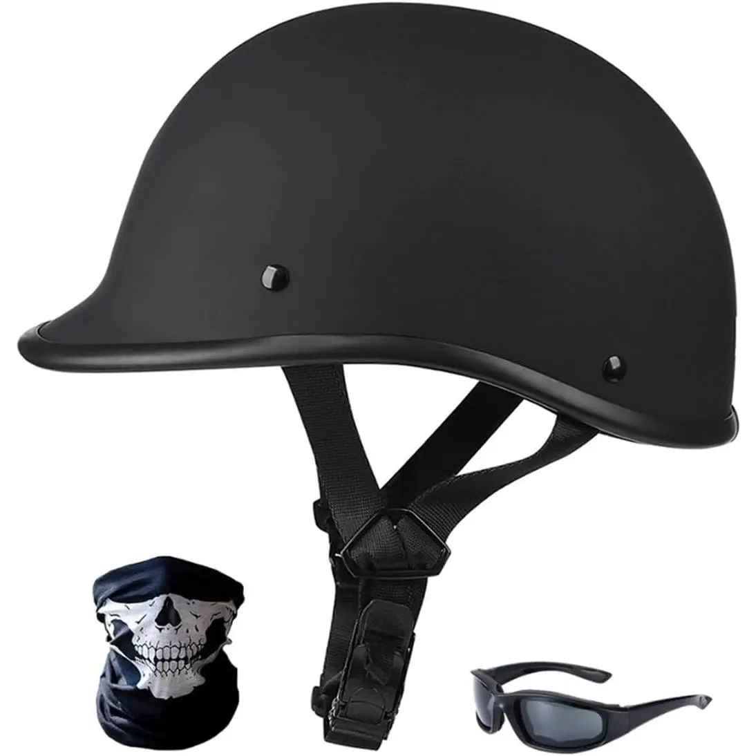 DOT & FMVSS 218 Approved Adult Half Shell Open Face Motorcycle Helmet (55 to 61 cm, 1.65 lbs, ABS Plastic) with Adjustable Quick Release Straps, Breathable Inner Liner, Wind Resistance, Goggles, Facemask (Men, Women), Scooters, Mopeds, Quick Straps, Moped