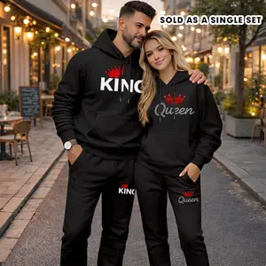 Couple's King Queen Print Hooded Sweatshirt and Drawstring Sweatpants Set (Sold as a Single Set), Casual Sportswear, Long-Sleeve Hooded Jacket and Pants, Suitable for Autumn, Winter, and Spring, Everyday Wear, Tracksuit, Casual Athletic Wear
