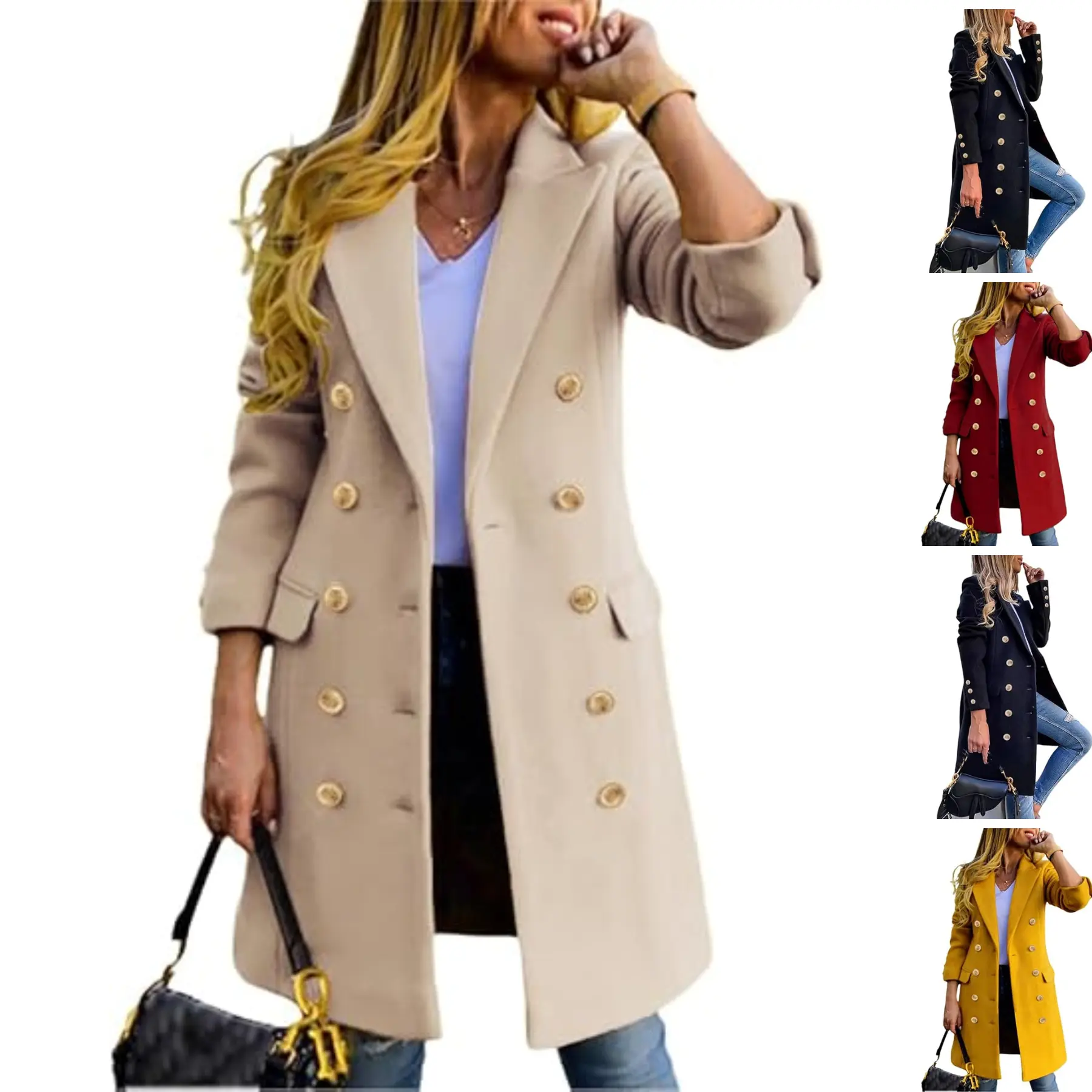 SCUSTY Women Fall Winter Wool Blend Double Breasted Mid-Long Coat Notch Lapel Midi Wool Peacoat Trench Overcoat Slim Waist Fit