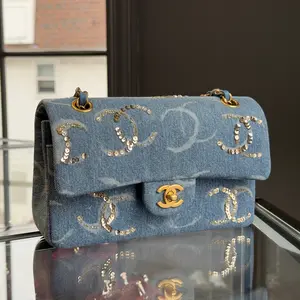 Pre-owned Canvas Shoulder Bags Chanel Blue Denim Sequin CC Flap Bag 23B Small